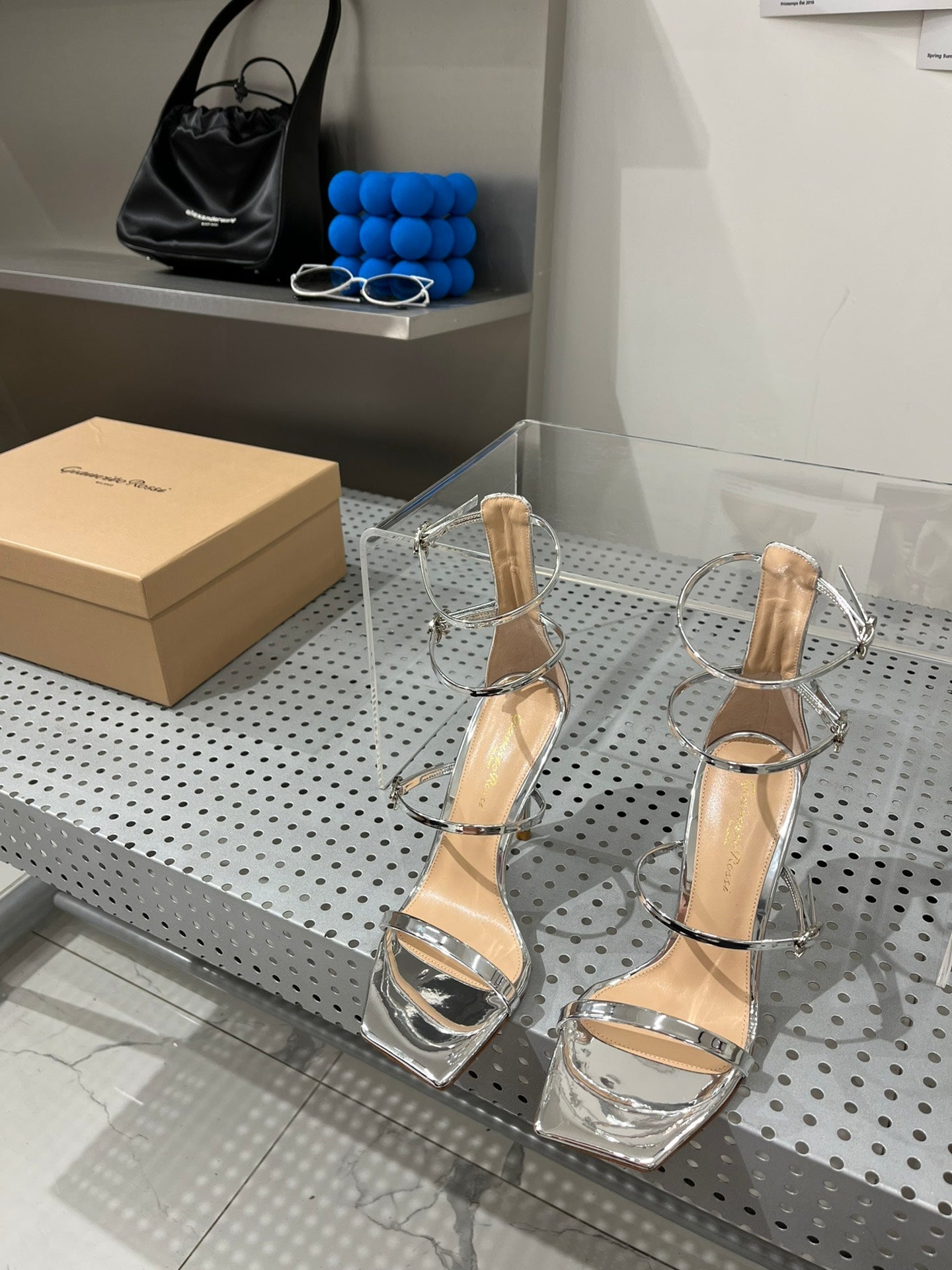 GIANVITO ROSSI 26S SQUARE-TOE HIGH-HEEL SANDALS 105 MM IN SILVER PATENT CALFSKIN