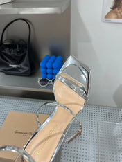 GIANVITO ROSSI 26S SQUARE-TOE HIGH-HEEL SANDALS 105 MM IN SILVER PATENT CALFSKIN