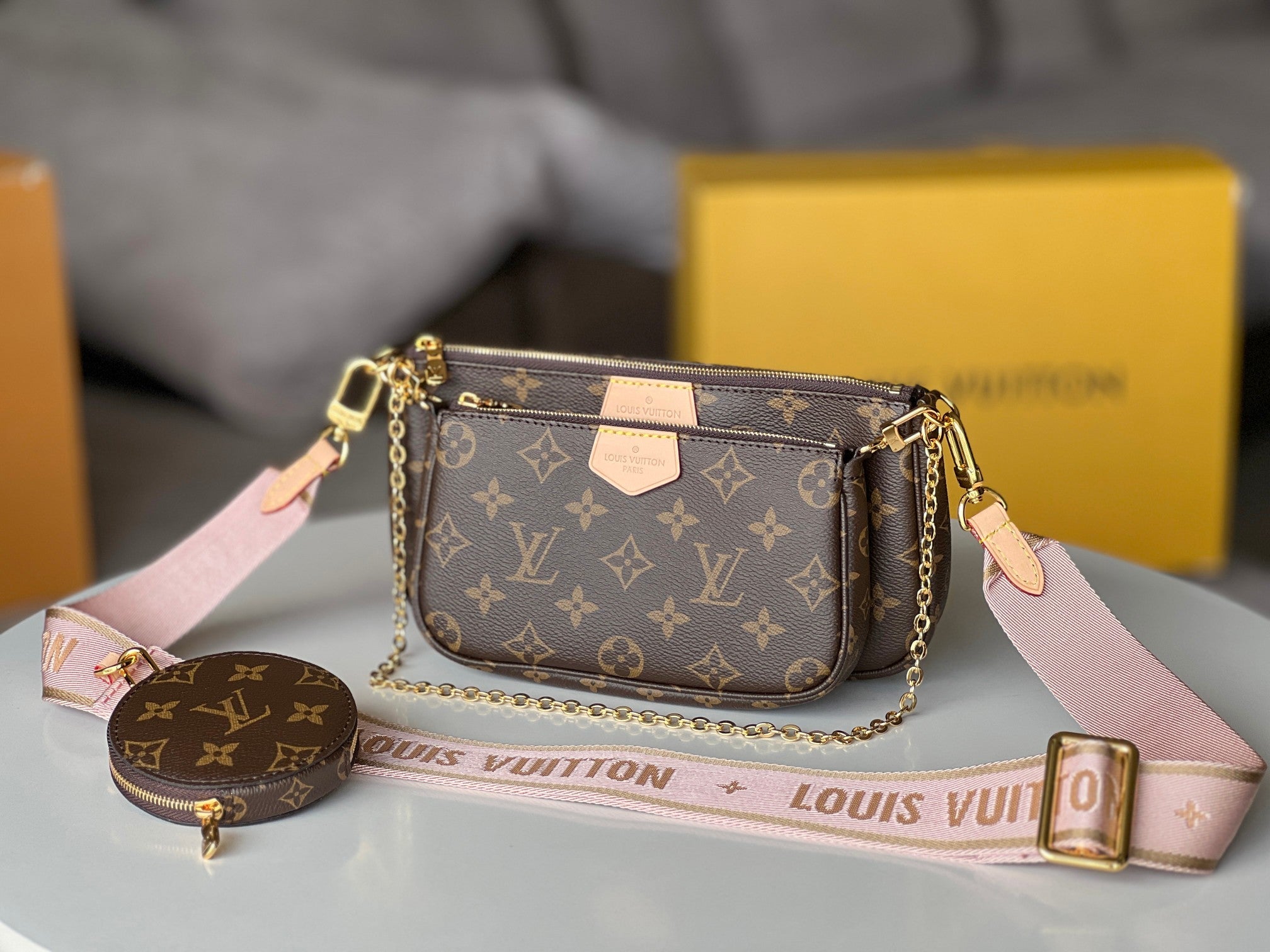 LV 25S MULTI POCHETTE ACCESSOIRES 25 IN BROWN MONOGRAM COATED CANVAS PINK STRAP
