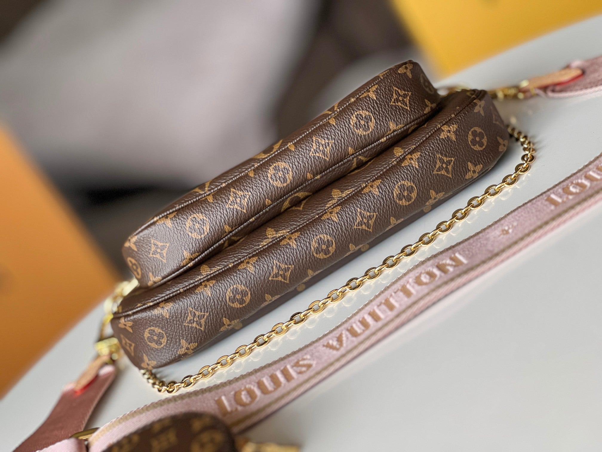 LV 25S MULTI POCHETTE ACCESSOIRES 25 IN BROWN MONOGRAM COATED CANVAS PINK STRAP