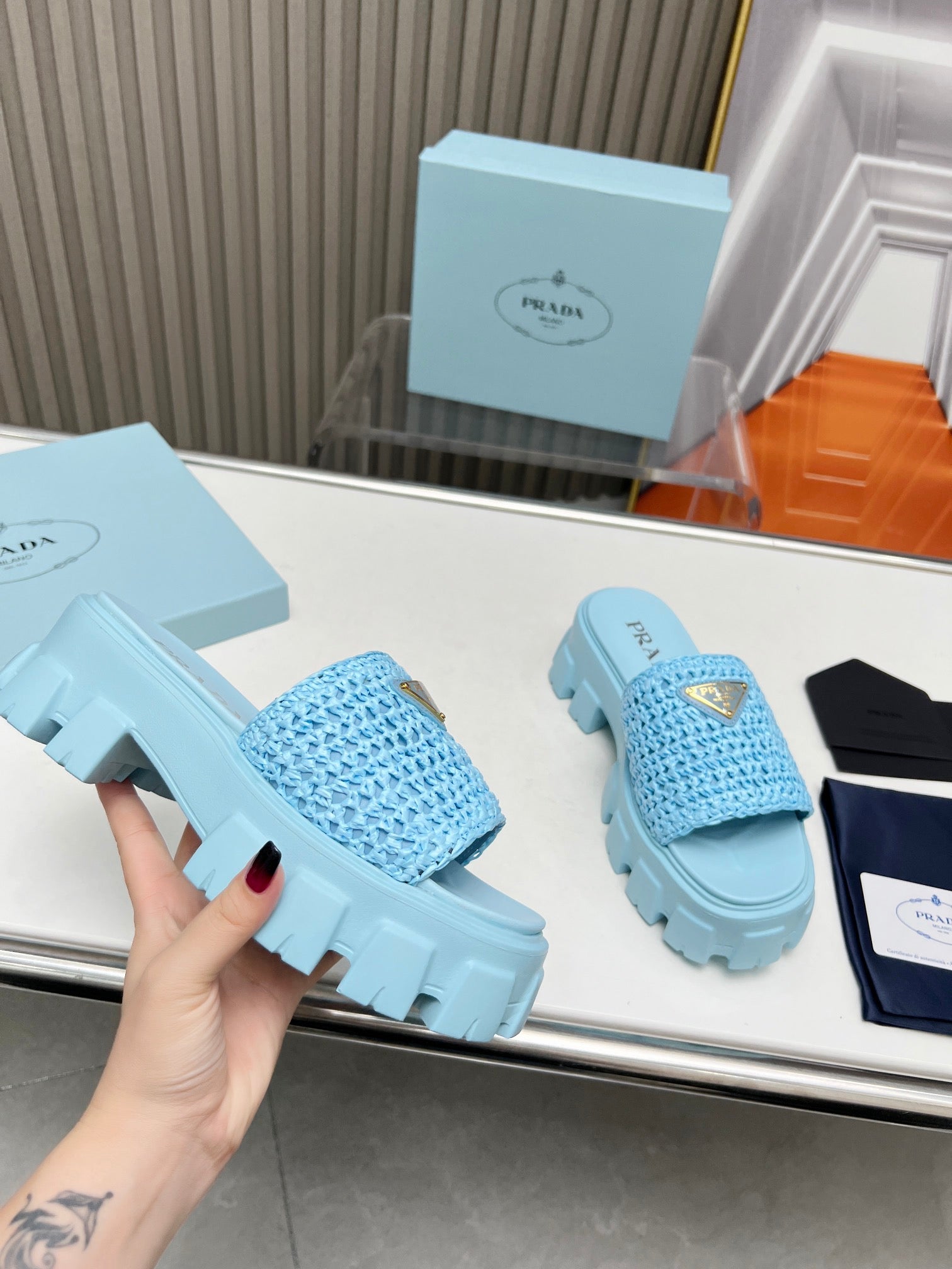 PRA THICK-SOLED CROCHET SANDALS SKY WOVEN FABRIC