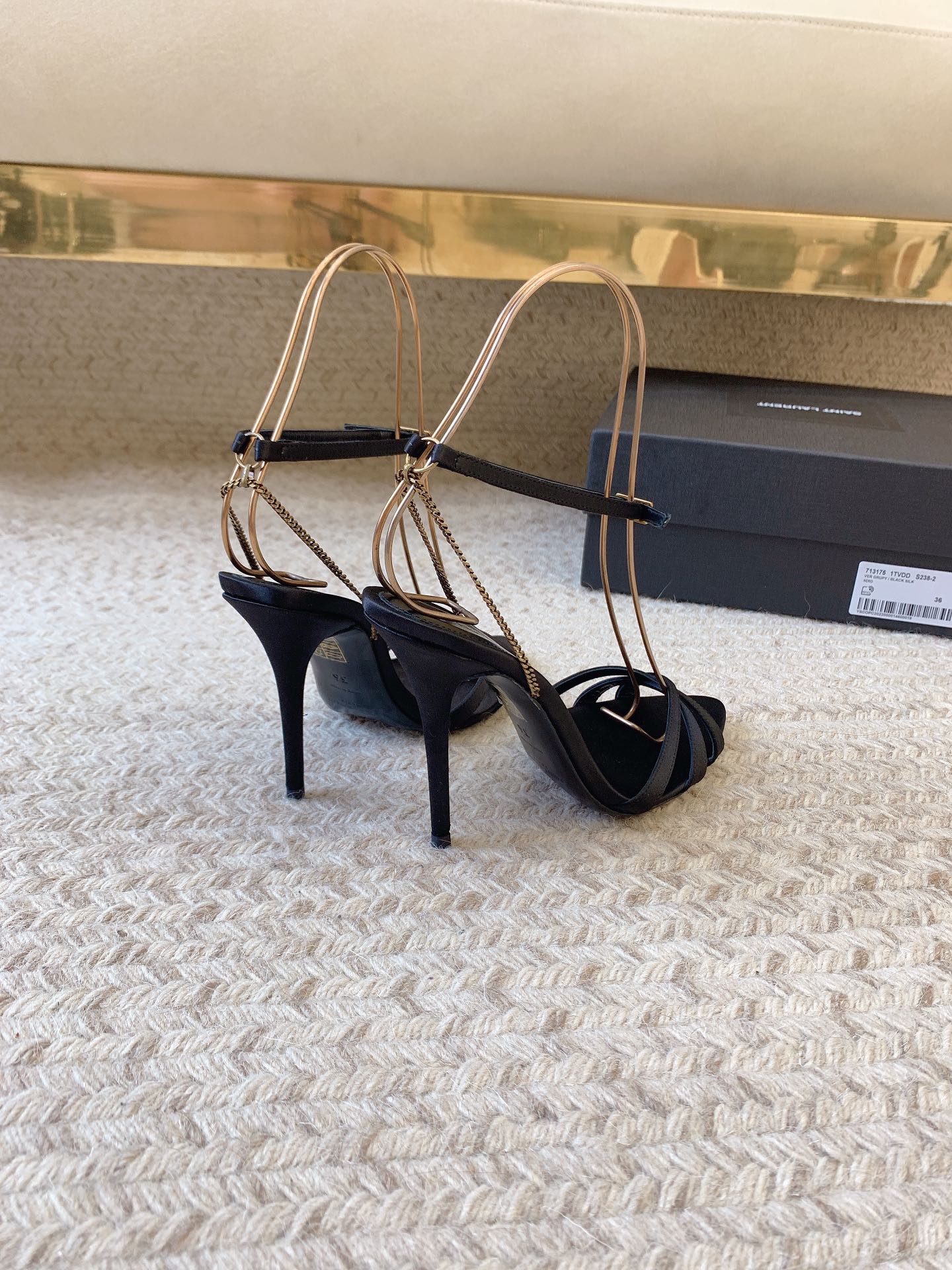 CROSS STRAP HIGH HEEL IN BLACK SILK GOLD CHAIN