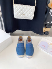 LOAFER SHOES IN CERULEAN BLUE DENIM AND WOVEN RAFFIA