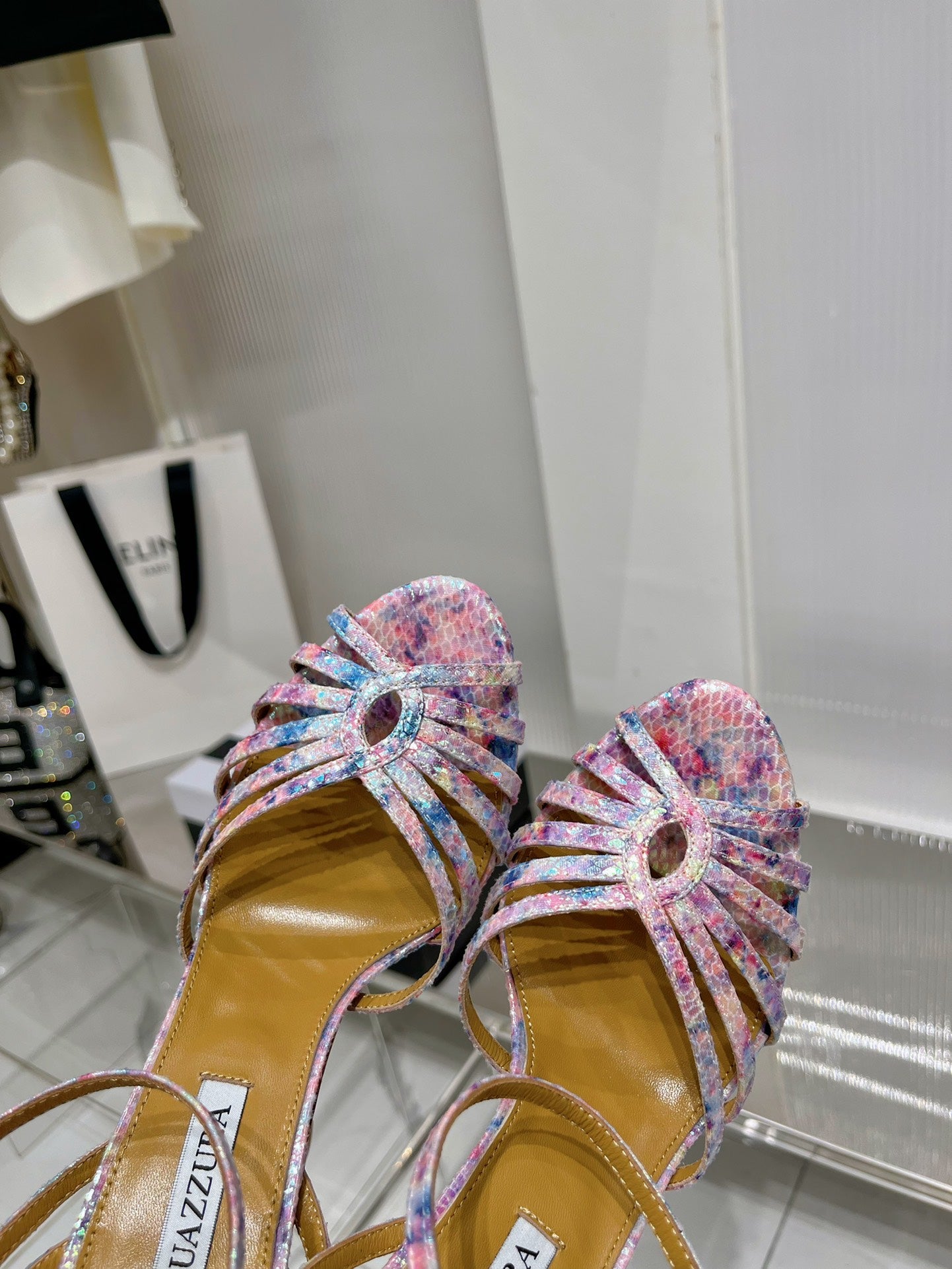 AQUAZZURA 26S HEELED SANDALS 130 MM IN MULTICOLOR SNAKE-EMBOSSED LEATHER