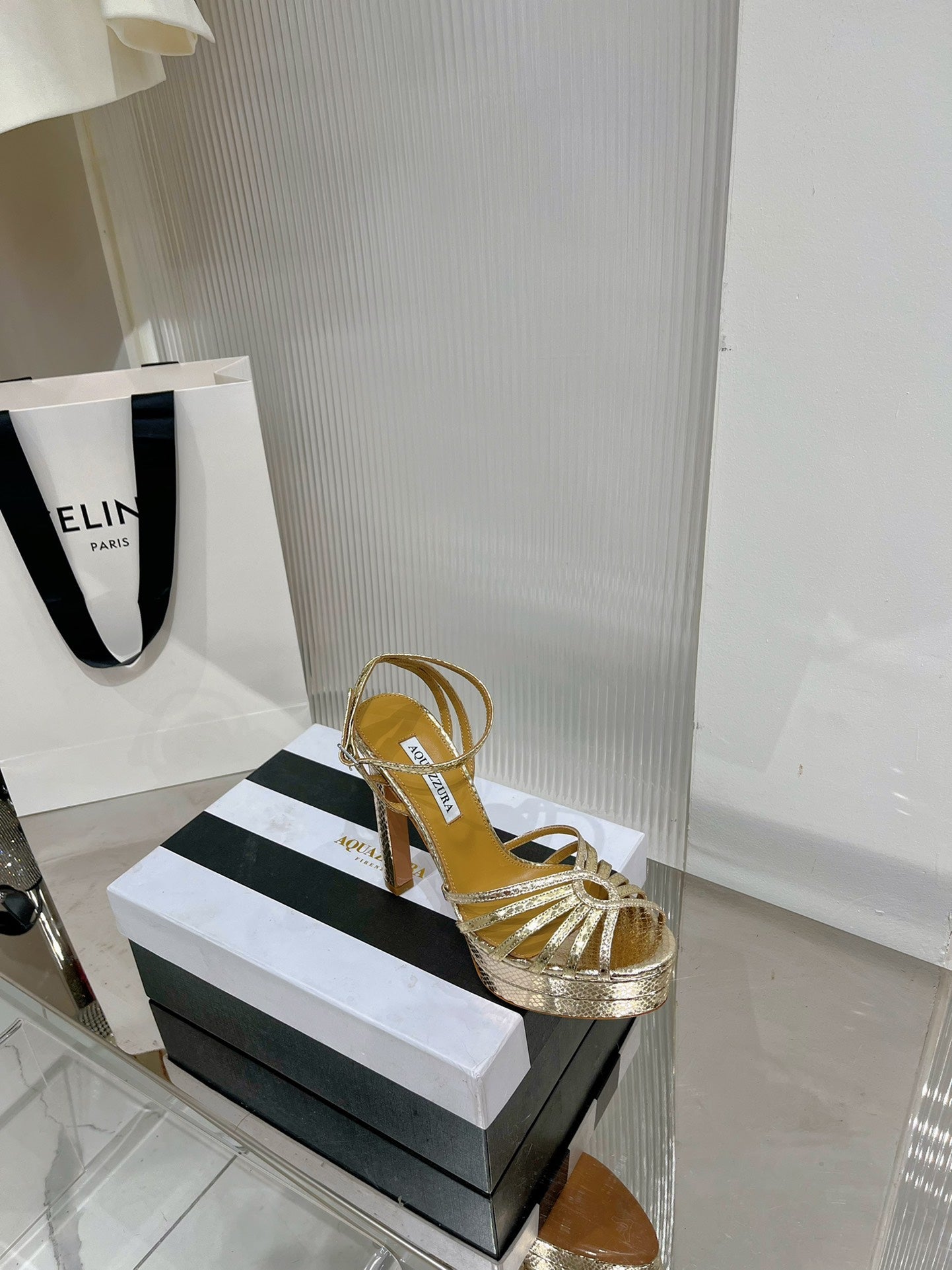 AQUAZZURA 26S HEELED SANDALS 130 MM IN GOLD SNAKE-EMBOSSED LEATHER