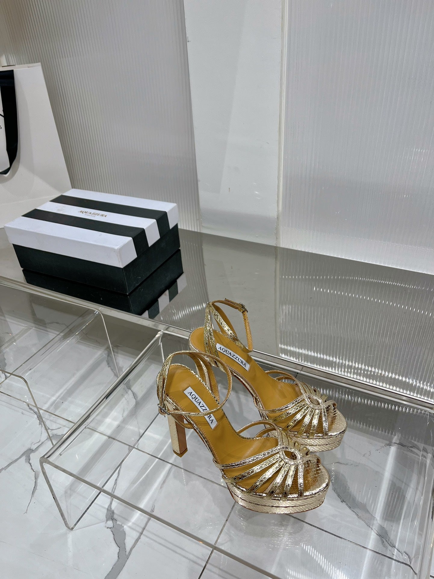 AQUAZZURA 26S HEELED SANDALS 130 MM IN GOLD SNAKE-EMBOSSED LEATHER