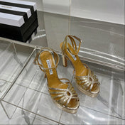AQUAZZURA 26S HEELED SANDALS 130 MM IN GOLD SNAKE-EMBOSSED LEATHER
