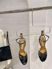 AQUAZZURA 26S HEELED SANDALS 130 MM IN BLACK SNAKE-EMBOSSED LEATHER