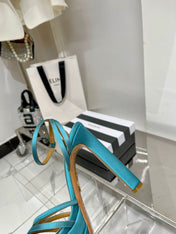 AQUAZZURA 26S HEELED SANDALS 130 MM IN TEAL BLUE SATIN