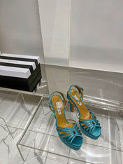AQUAZZURA 26S HEELED SANDALS 130 MM IN TEAL BLUE SATIN