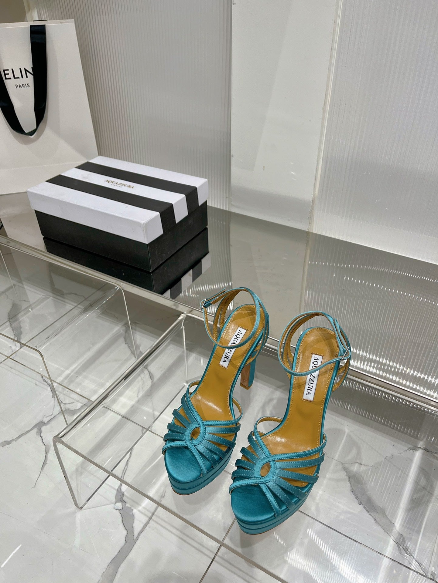 AQUAZZURA 26S HEELED SANDALS 130 MM IN TEAL BLUE SATIN