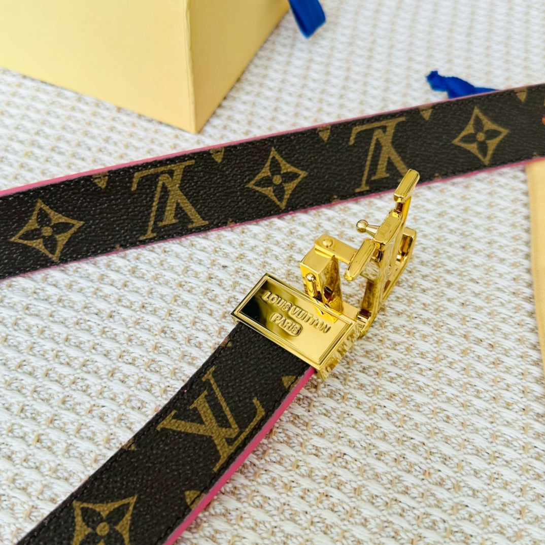 LV Initiales 30mm Reversible Belt Gold Rotating Buckle Hot Pink Brown Leather