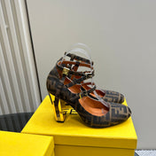 FENDI DELFINA HIGH-HEELED 85 MM SANDAL IN BROWN MONOGRAM FF CANVAS