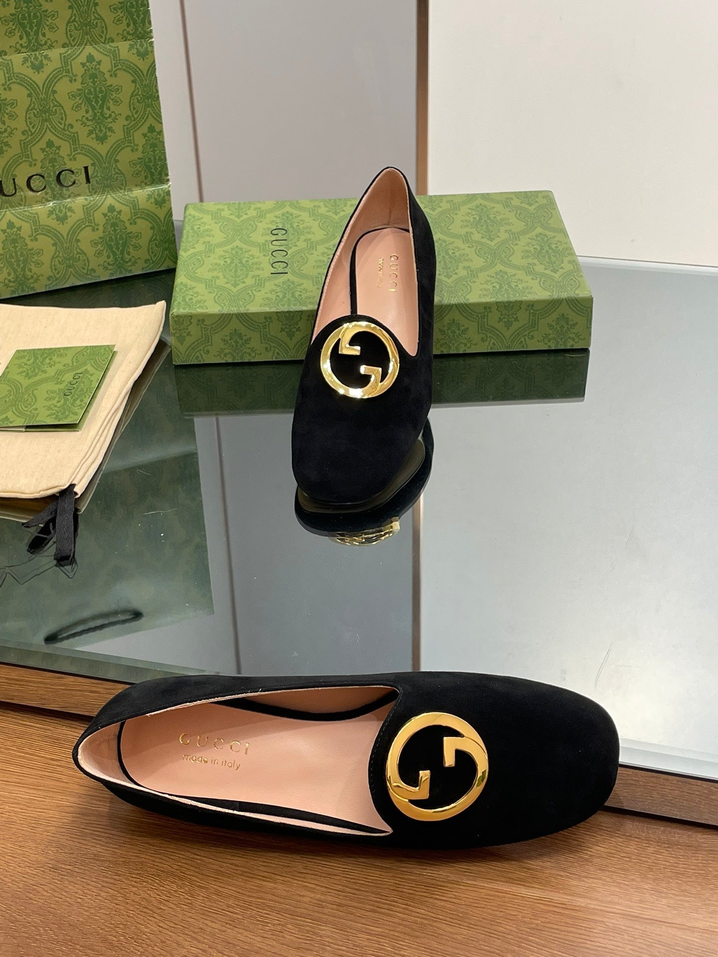 BLONDIE LOGO-PLAQUE LOAFERS IN BLACK SUEDE WITH GOLD HARDWARE