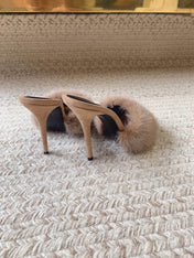 LA 16 HEELED MULES IN BEIGE RABBIT FUR AND SMOOTH LAMBSKIN