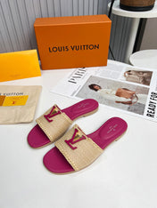 LV 26S FLAT SLIDES IN PINK CALFSKIN AND BEIGE RAFFIA