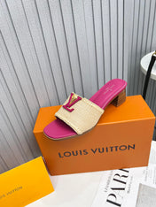 LV 26S CAPRI HIGH-HEELED MULES IN PINK CALFSKIN AND BEIGE RAFFIA