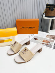 LV 26S CAPRI HIGH-HEELED MULES IN ASH BEIGE CALFSKIN AND RAFFIA