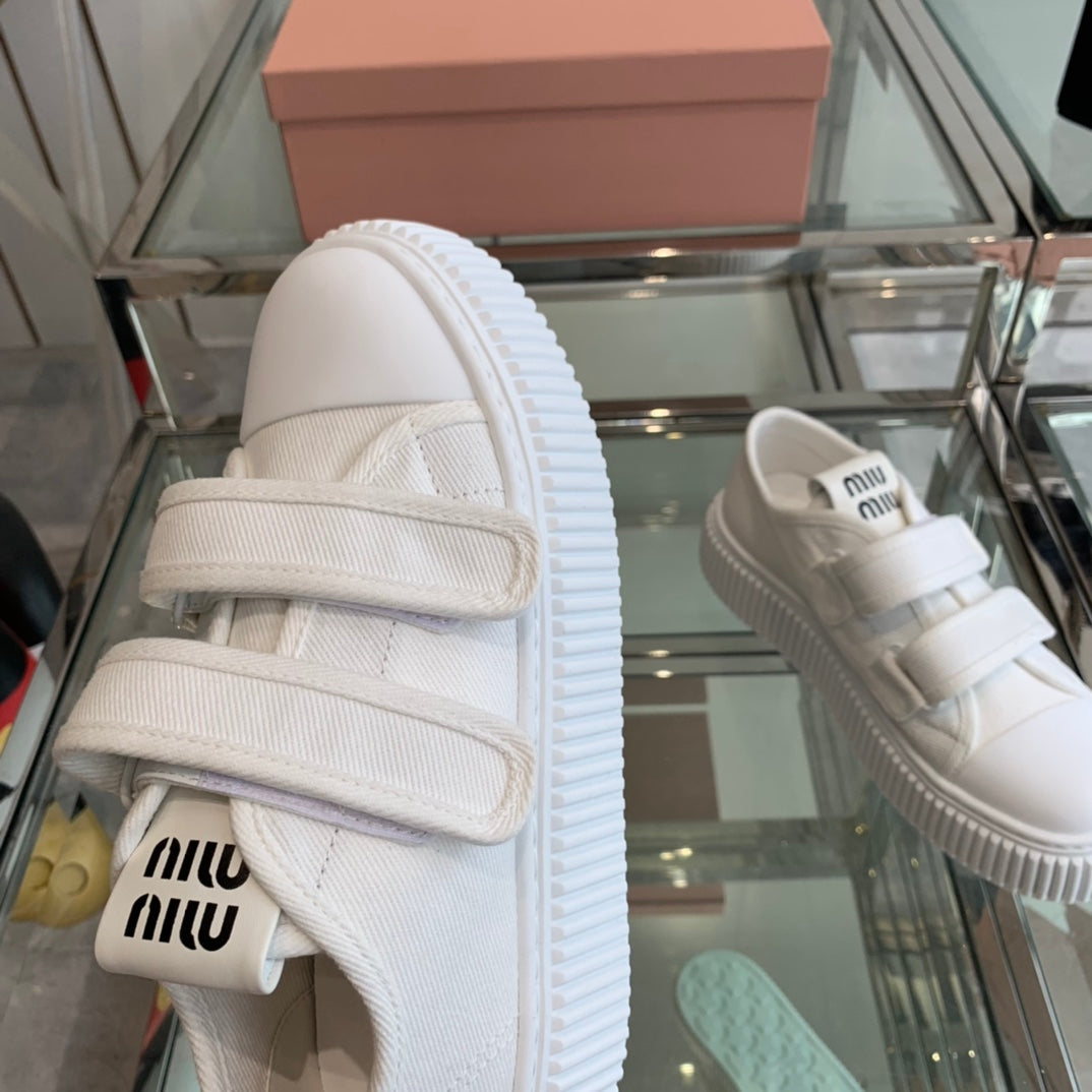 Thick-Soled Denim Sneakers White
