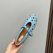 ALAIA MARY JANE SHOES IN LIGHT BLUE LAMBSKIN GOLD MIX SILVER HARDWARE