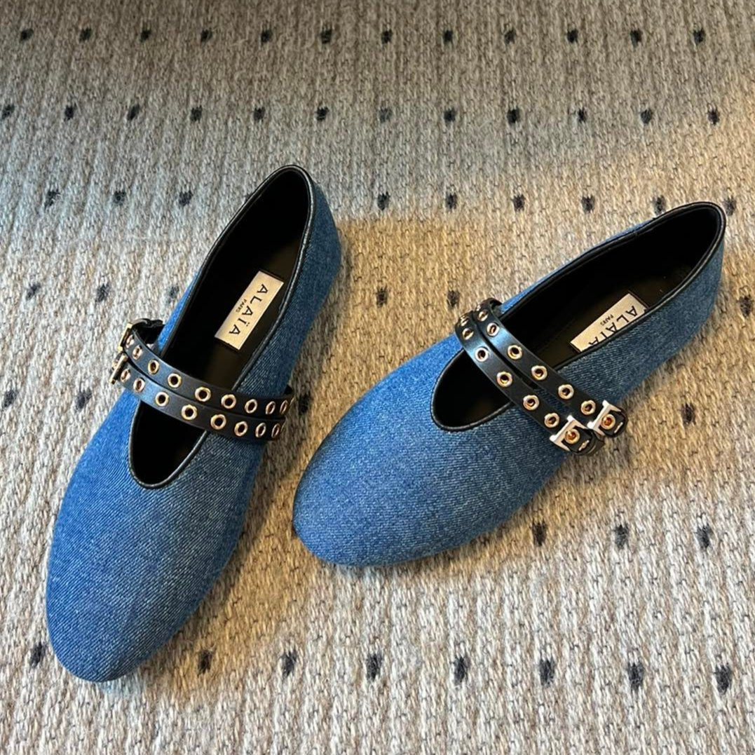 ALAIA MARY JANE SHOES IN CERULEAN BLUE ZP CUSTOM STRAW AND DENIM