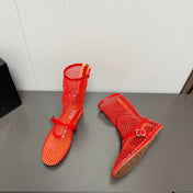 ALAIA SHORT BOOTS IN ORANGE RED MESH FISHNET
