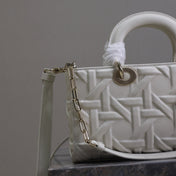 LADY D-JOY BAG 26 IN WHITE GRAPHIC CANNAGE CALFSKIN PALE GOLD-FINISH METAL CHARMS
