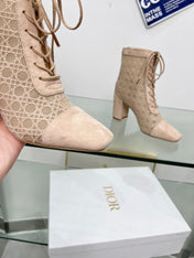 NAUGHTILY-D HEELED ANKLE BOOT IN BISQUE BEIGE CANNAGE MOTIF MESH AND SUEDE 8 CM
