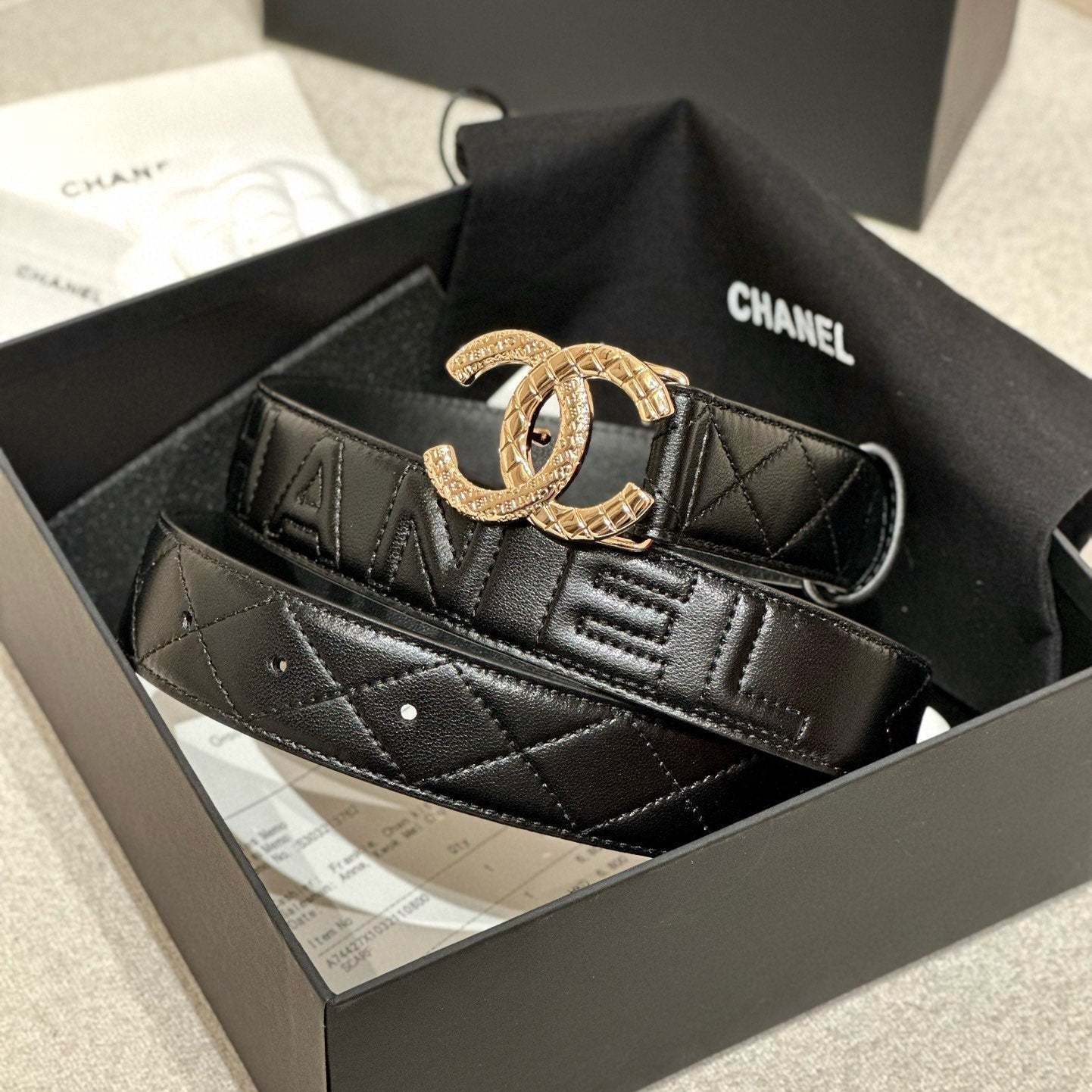 DOUBLE C BELT 30MM IN BLACK CALFSKIN EMBOSSED LOGO GOLD BUCKLE