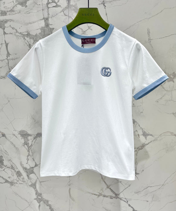 Gucci Embroidered Short Sleeves T-shirt White Blue Cotton