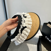 MM OPEN-TOP STRAW HAT IN BEIGE MIX WHITE EYELET FABRIC
