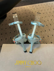 JIMMY CHOO 26S FLORAL HEEL SANDALS 85 MM IN PASTEL BLUE SATIN AND LAMBSKIN