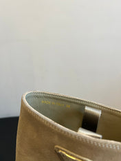 PRADA 25S HIGH-CUT PLATFORM BOOTS IN DARK BEIGE SUEDE WITH GOLD HARDWARE