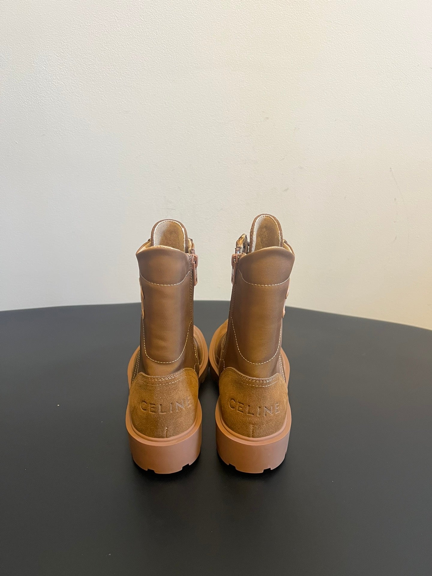 CELINE 26S LACE-UP ANKLE BOOTS IN BROWN SUEDE AND CANVAS