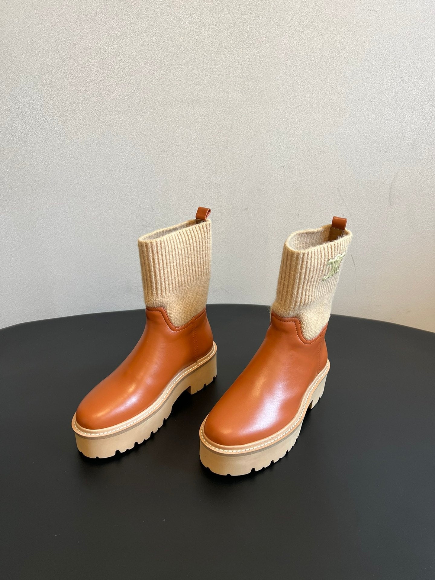 CELINE 26S ANKLE BOOTS 60 MM IN ORANGE BROWN CALFSKIN AND BEIGE WOOL