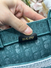 DIOR 26S BOOK TOTE BAG 26 IN TEAL GREEN AND WHITE BAYADERE FABRIC