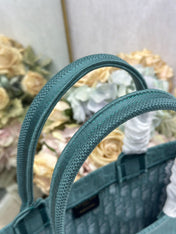 DIOR 26S BOOK TOTE BAG 36 IN TEAL GREEN AND WHITE BAYADERE FABRIC