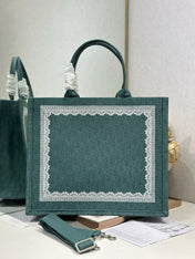DIOR 26S BOOK TOTE BAG 42 IN TEAL GREEN AND WHITE BAYADERE FABRIC