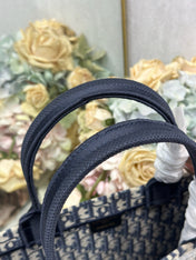 DIOR 26S BOOK TOTE BAG 36 IN NAVY BLUE AND BEIGE OBLIQUE FABRIC