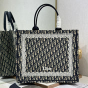 DIOR 26S BOOK TOTE BAG 42 IN NAVY BLUE AND BEIGE OBLIQUE FABRIC