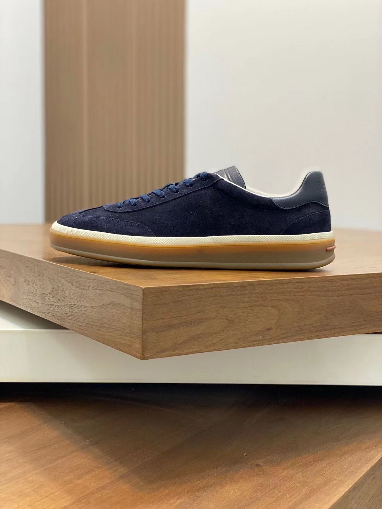 Loro Piana Tennis Walk Sneakers Suede Calf Split Navy Blue