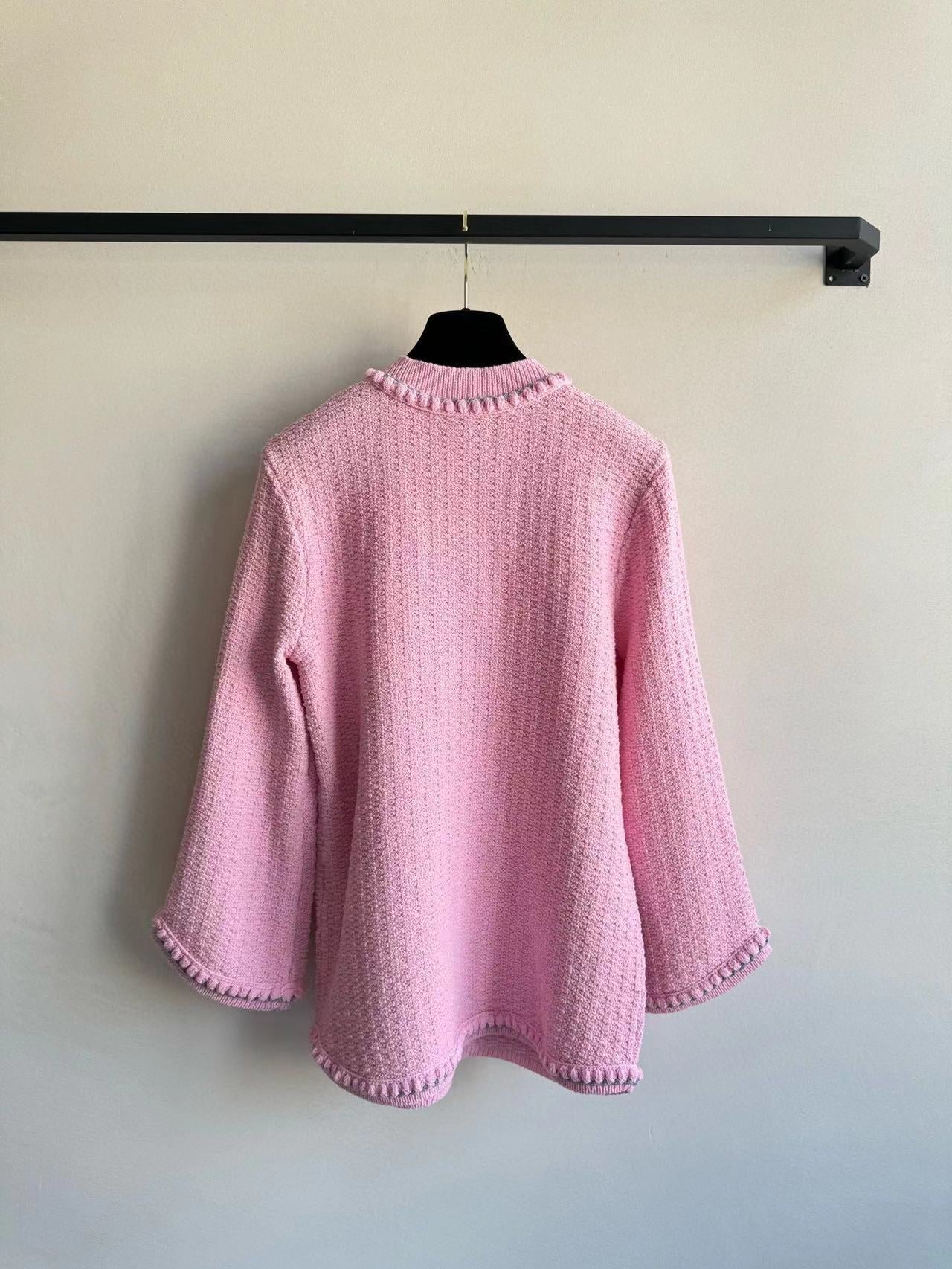 Chanel 25P Long-Sleeve Top Pink Tweed Pearl Buttons