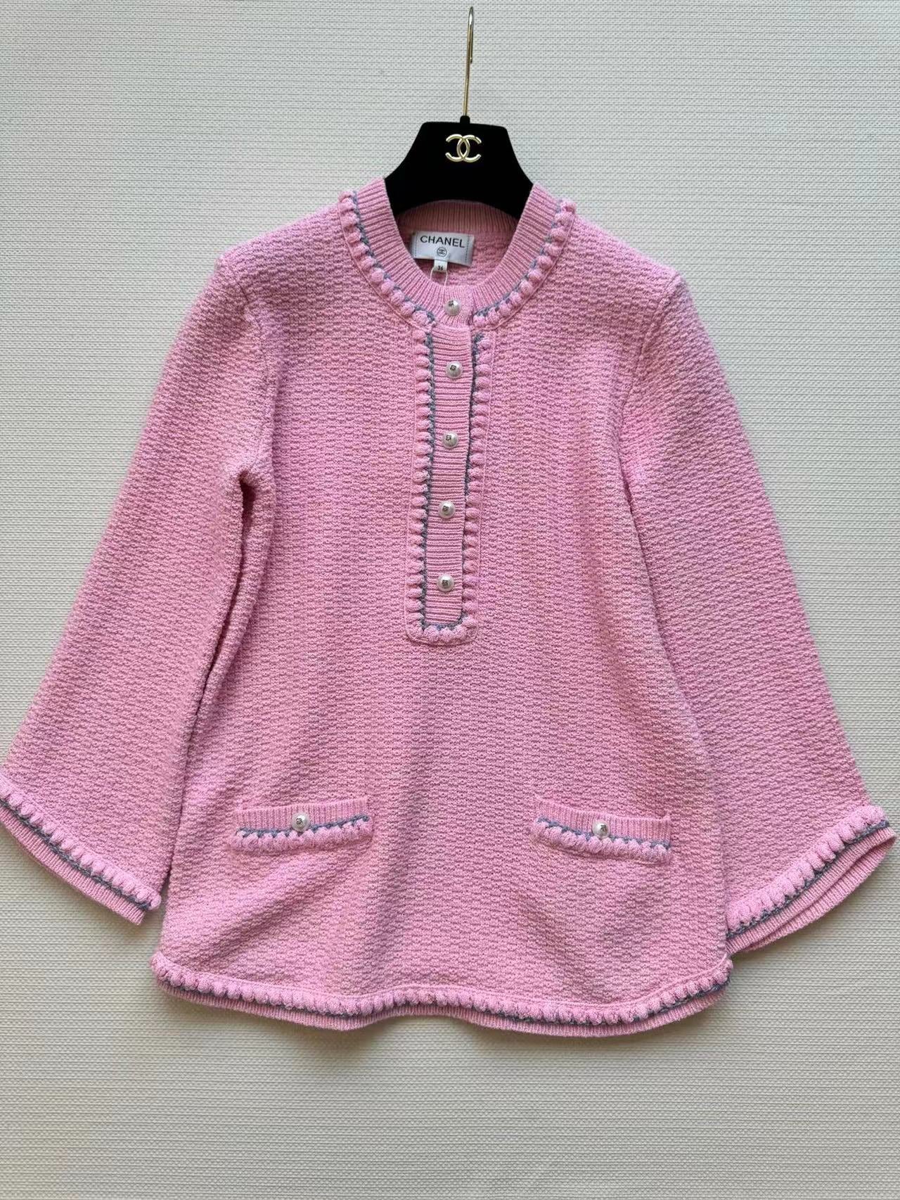 Chanel 25P Long-Sleeve Top Pink Tweed Pearl Buttons