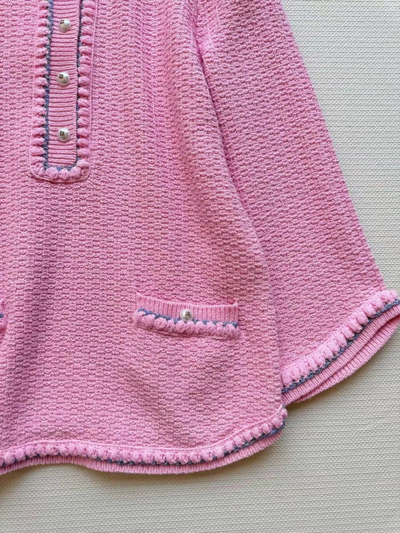Chanel 25P Long-Sleeve Top Pink Tweed Pearl Buttons