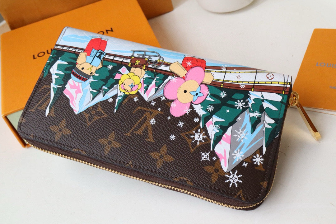 ZIPPY WALLET 19 CM IN BROWN MONOGRAM CALFSKIN WITH COLORFUL STICKER