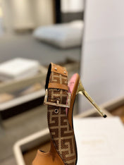 RUBY SANDALS IN BROWN CALFSKIN AND PB LABYRINTH CANVAS