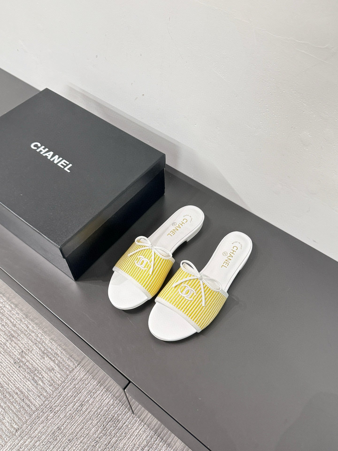 CC STRIPED SLIDE SANDALS IN YELLOW AND WHITE CANVAS