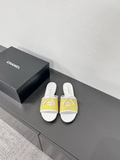 CC STRIPED SLIDE SANDALS IN YELLOW AND WHITE CANVAS