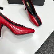 CHANEL 26S SQUARE-TOE PUMP IN RED CROCODILE-EMBOSSED LAMBSKIN WITH WHITE TRIM