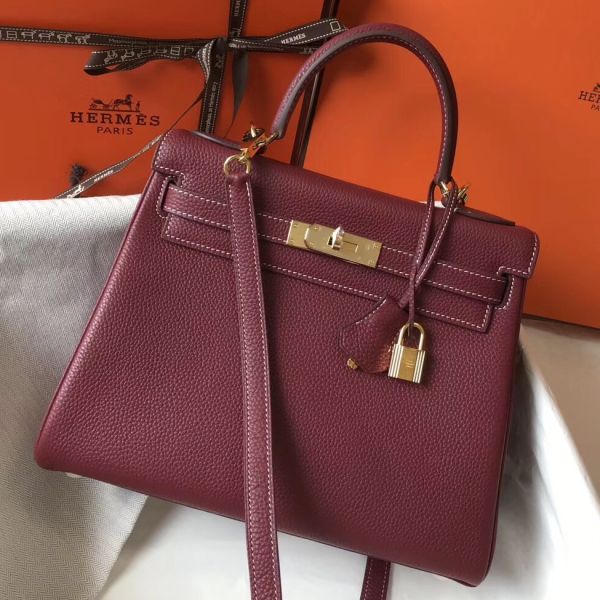 KELLY 28CM IN BURGUNDY RED CALFSKIN GOLD HARDWARE - PRE ORDER